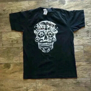 SUGAR SKULL MENS BLACK WHITE T-SHIRT MEDIUM
